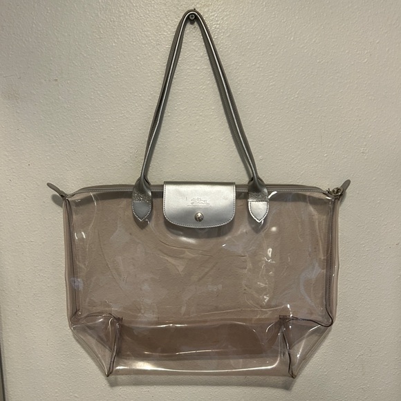 Longchamp Handbags - LONGCHAMP RARE Le Pliage Transparent Vinyl XL Tote Bag Silver Leather Ltd Ed.
